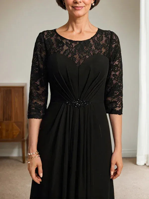 Elegant A-Line Round Neck 3/4 Sleeve Beaded Black Floor-Length Mother of the Bride Dresses For Women Ready To Ship