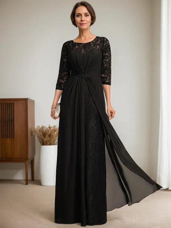 Elegant A-Line Round Neck 3/4 Sleeve Beaded Black Floor-Length Mother of the Bride Dresses For Women Ready To Ship