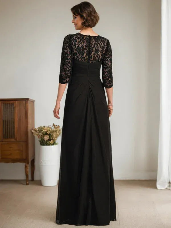 Elegant A-Line Round Neck 3/4 Sleeve Beaded Black Floor-Length Mother of the Bride Dresses For Women Ready To Ship