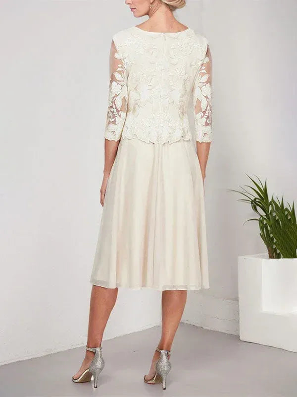 Elegant A-Line Round Neck 3/4 Sleeve Lace Beige Tea-Length Prom Dress For Women Ready To Ship
