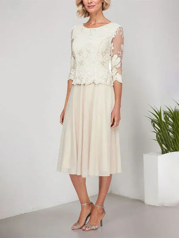 Elegant A-Line Round Neck 3/4 Sleeve Lace Beige Tea-Length Prom Dress For Women Ready To Ship