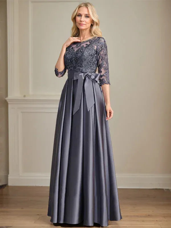 Elegant A-Line Round Neck 3/4 Sleeve Lace Grey Floor-Length Prom Dress With Pocket Custom