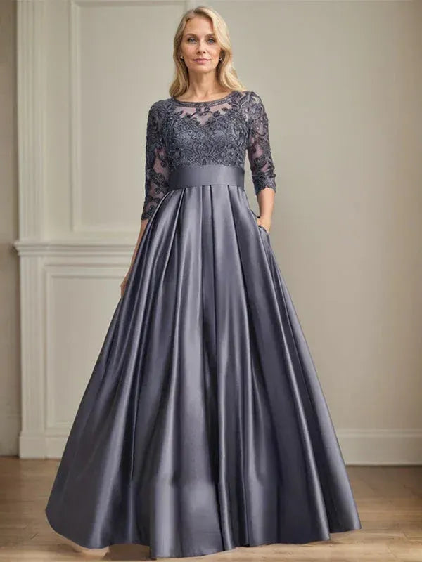 Elegant A-Line Round Neck 3/4 Sleeve Lace Grey Floor-Length Prom Dress With Pocket Custom