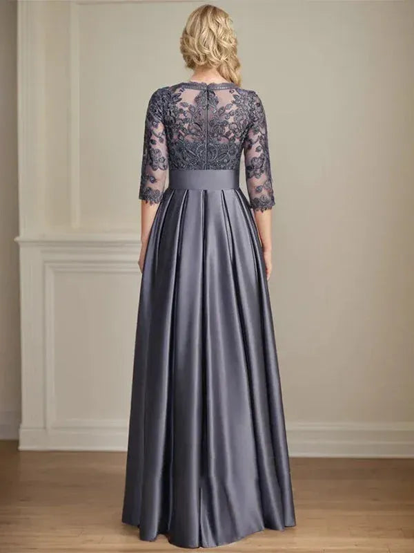Elegant A-Line Round Neck 3/4 Sleeve Lace Grey Floor-Length Prom Dress With Pocket Custom