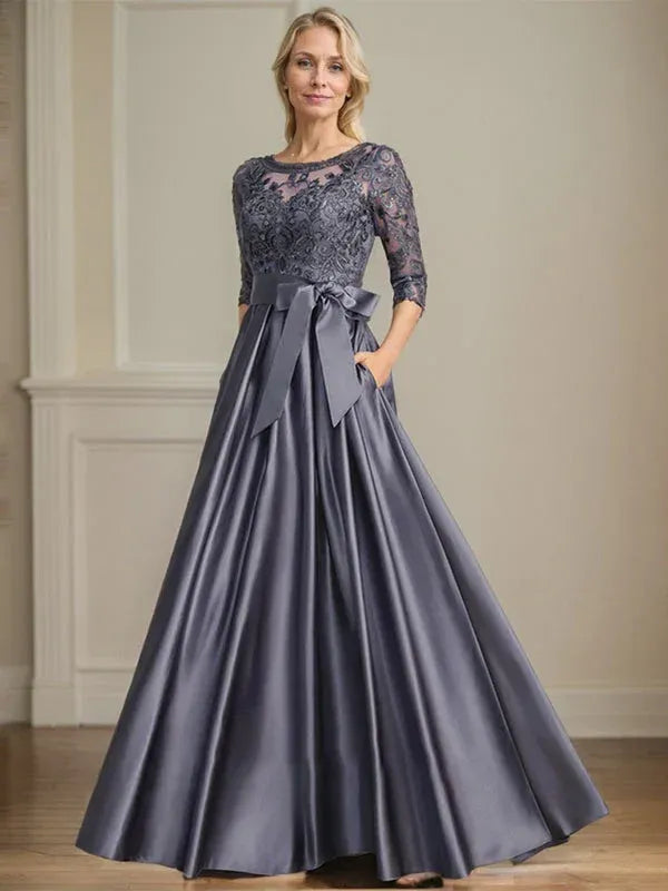 Elegant A-Line Round Neck 3/4 Sleeve Lace Grey Floor-Length Prom Dress With Pocket Custom