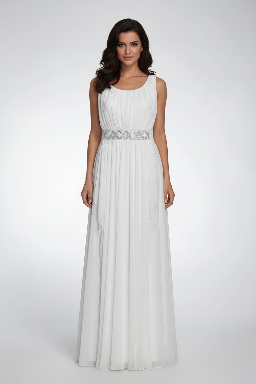 Elegant A-Line Round Neck Beaded Chiffon White Floor-Length Formal Prom Dress