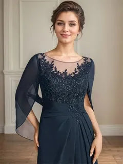 Elegant A-Line Round Neck Cape-Sleeved Beaded Navy Blue Maxi Mother of the Bride Dress for Women