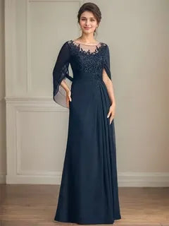 Elegant A-Line Round Neck Cape-Sleeved Beaded Navy Blue Maxi Mother of the Bride Dress for Women