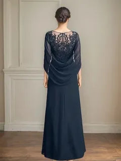 Elegant A-Line Round Neck Cape-Sleeved Beaded Navy Blue Maxi Mother of the Bride Dress for Women