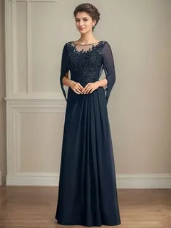 Elegant A-Line Round Neck Cape-Sleeved Beaded Navy Blue Maxi Mother of the Bride Dress for Women