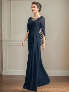 Elegant A-Line Round Neck Cape-Sleeved Beaded Navy Blue Maxi Mother of the Bride Dress for Women