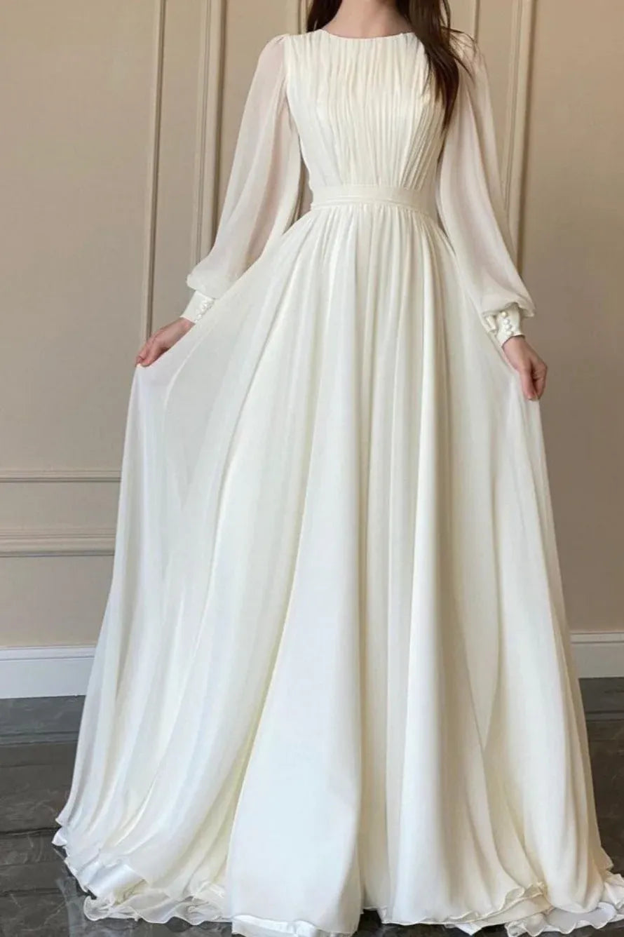 Elegant A-Line Round Neck Long Sleeve Ruched Tiered White Floor-Length Prom Dress