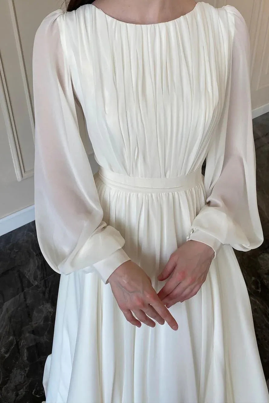 Elegant A-Line Round Neck Long Sleeve Ruched Tiered White Floor-Length Prom Dress