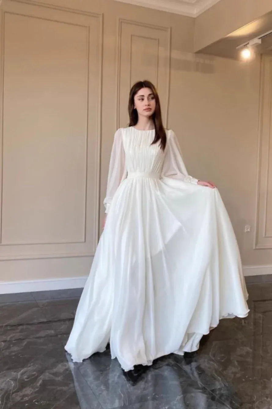 Elegant A-Line Round Neck Long Sleeve Ruched Tiered White Floor-Length Prom Dress