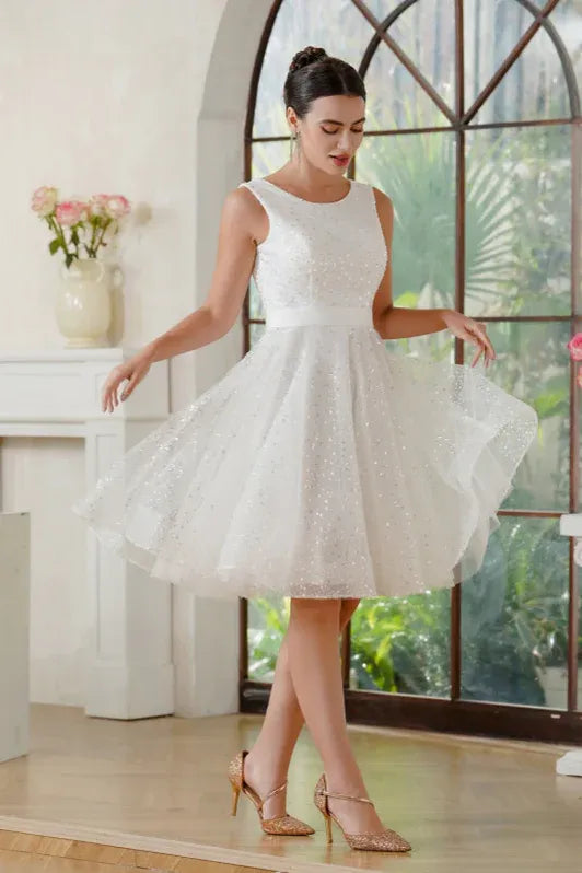 Elegant A-Line Scoop Neck Sequins White Knee-Length Homecoming Dress With Lace-Up Back