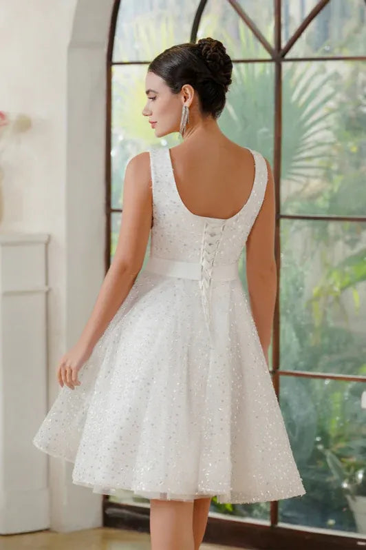 Elegant A-Line Scoop Neck Sequins White Knee-Length Homecoming Dress With Lace-Up Back