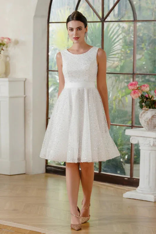 Elegant A-Line Scoop Neck Sequins White Knee-Length Homecoming Dress With Lace-Up Back