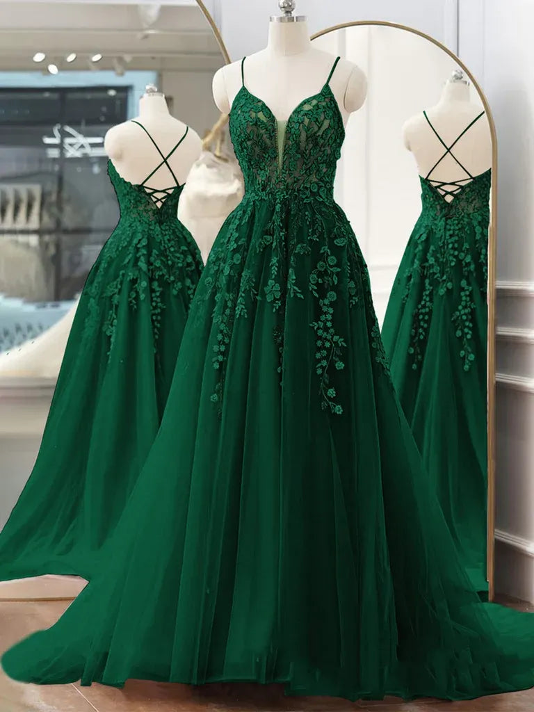 Elegant A-Line Spaghetti Strap Lace Applique Tulle Green Maxi Prom Dress