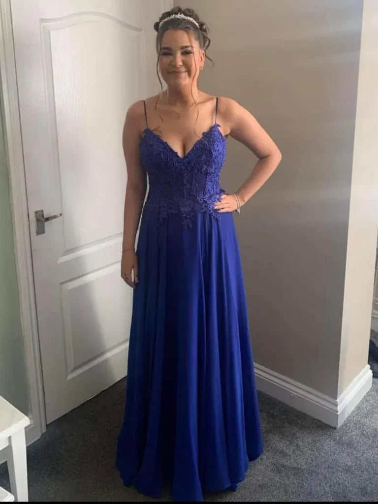 Elegant A-Line Spaghetti Strap Lace Applique Royal Blue Long Prom Dress