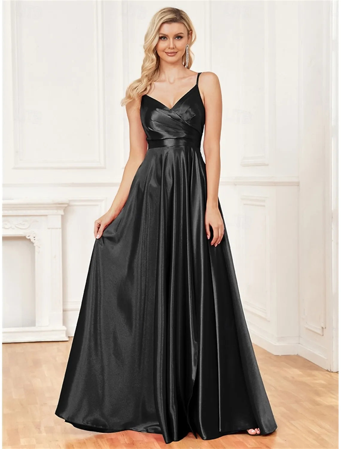 Elegant A-Line Spaghetti Strap Pleated Wrap Satin Black Maxi Prom Dress