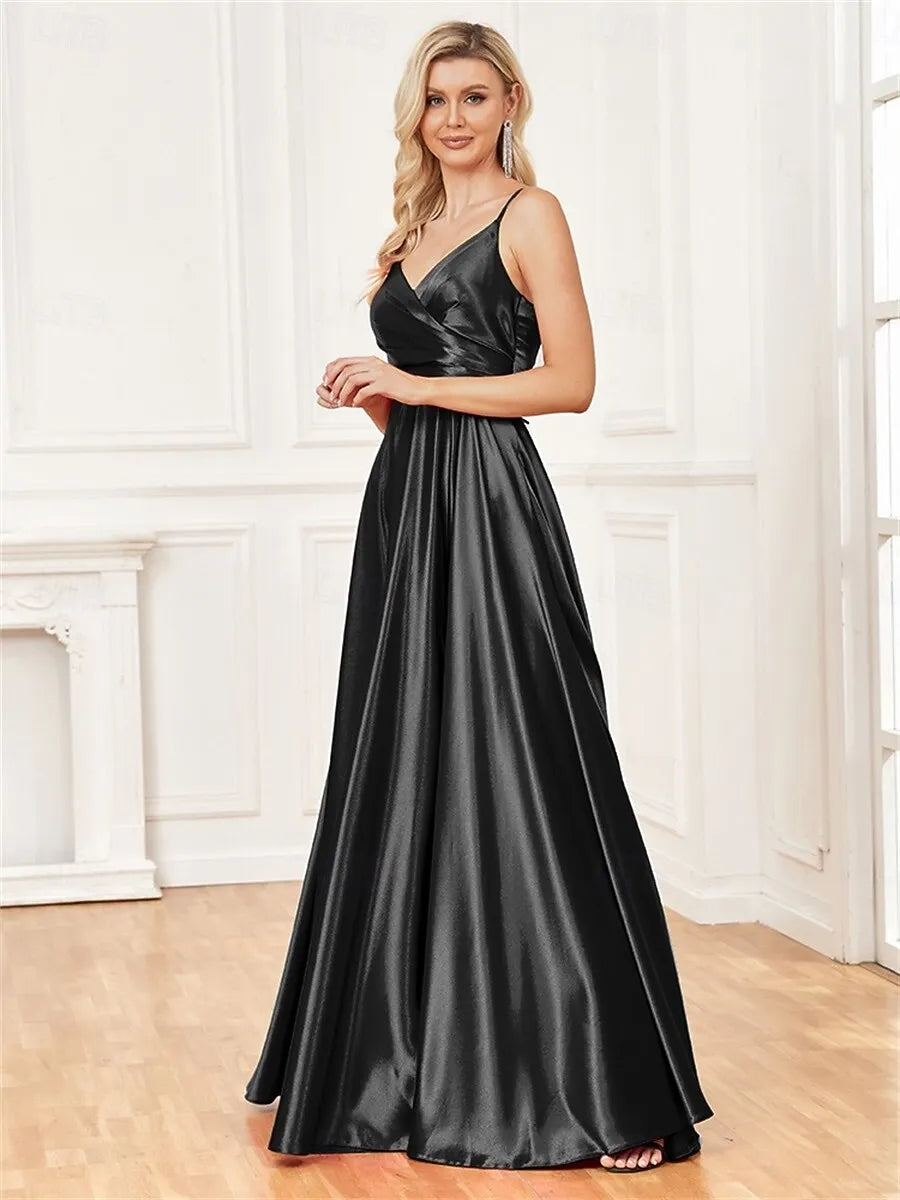 Elegant A-Line Spaghetti Strap Pleated Wrap Satin Black Maxi Prom Dress