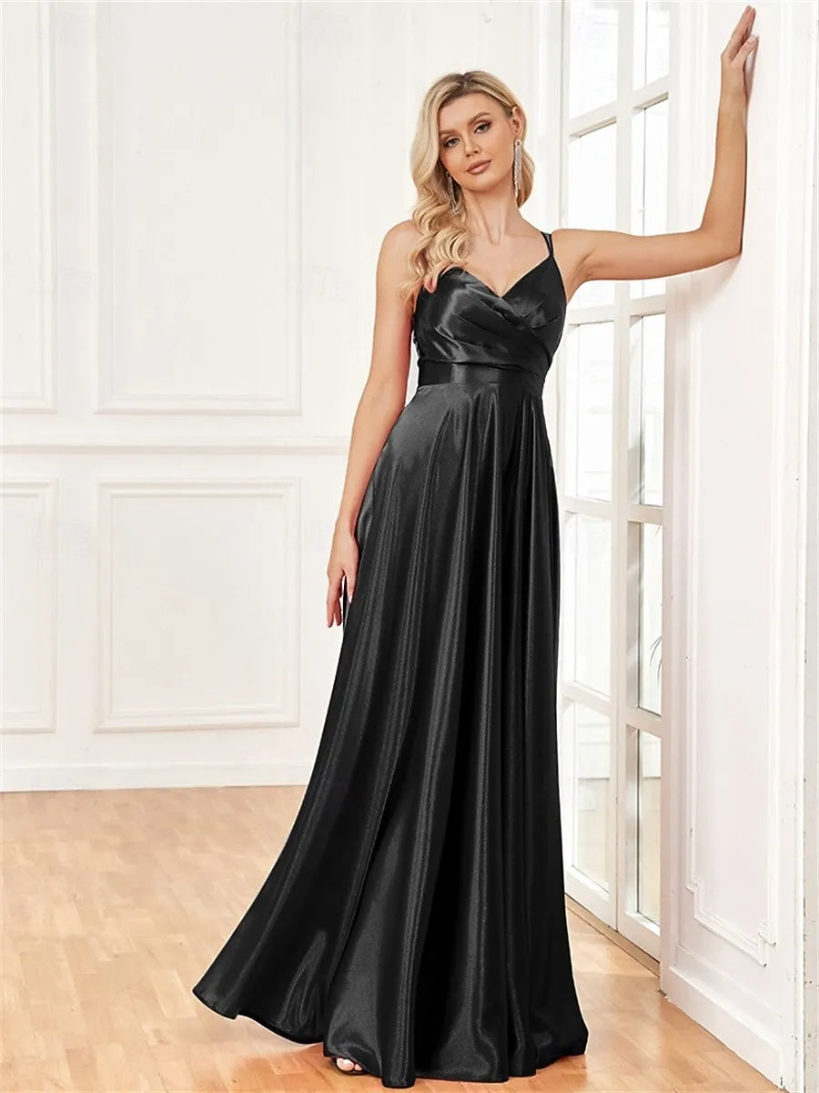 Elegant A-Line Spaghetti Strap Pleated Wrap Satin Black Maxi Prom Dress
