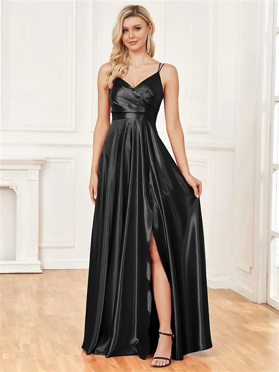 Elegant A-Line Spaghetti Strap Pleated Wrap Satin Black Maxi Prom Dress