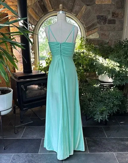 Elegant A-Line Spaghetti Strap Ruched Mint Floor-Length Prom Dresses