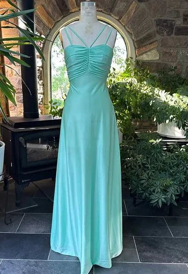 Elegant A-Line Spaghetti Strap Ruched Mint Floor-Length Prom Dresses