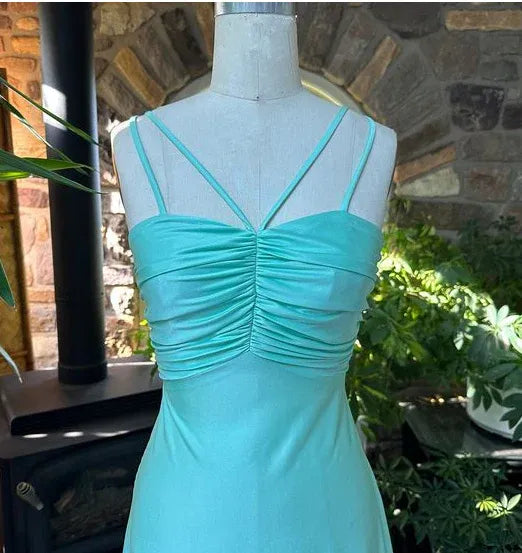 Elegant A-Line Spaghetti Strap Ruched Mint Floor-Length Prom Dresses