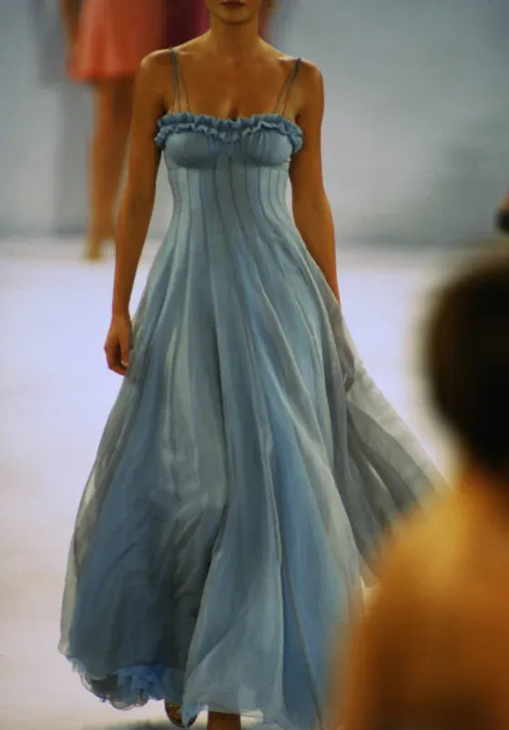 Elegant A-Line Spaghetti Strap Ruffled Light Blue Floor-Length Prom Dress For Women