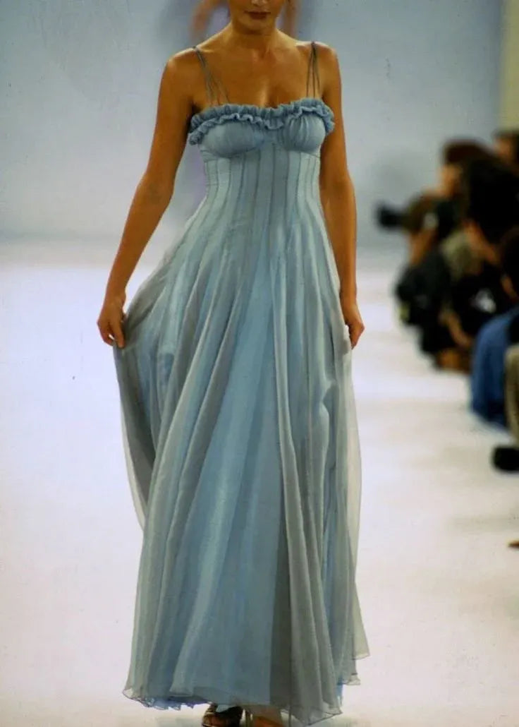Elegant A-Line Spaghetti Strap Ruffled Light Blue Floor-Length Prom Dress For Women
