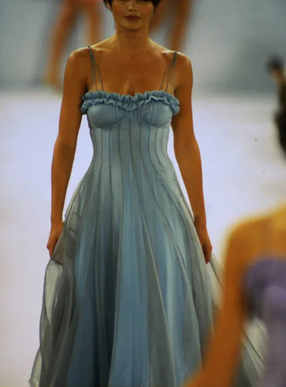 Elegant A-Line Spaghetti Strap Ruffled Light Blue Floor-Length Prom Dress For Women