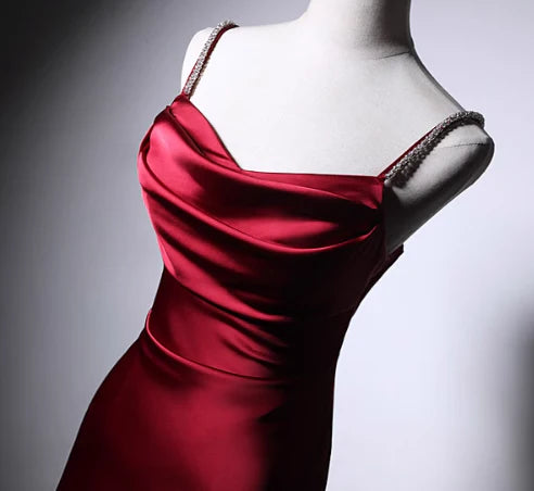 Elegant A-Line Spaghetti Strap Satin Burgundy Long Evening Dress With Streamer