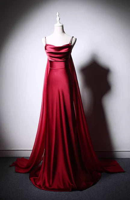 Elegant A-Line Spaghetti Strap Satin Burgundy Long Evening Dress With Streamer