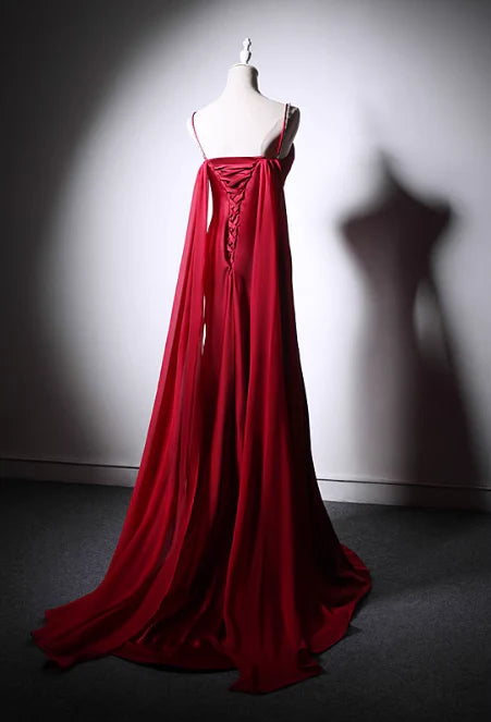 Elegant A-Line Spaghetti Strap Satin Burgundy Long Evening Dress With Streamer