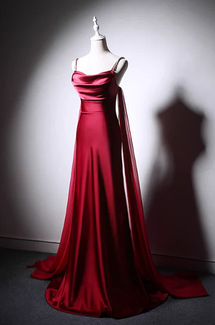 Elegant A-Line Spaghetti Strap Satin Burgundy Long Evening Dress With Streamer