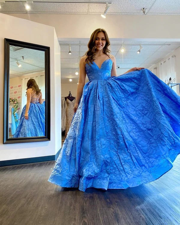 Elegant A-Line Spaghetti Straps Blue Long Prom Dress Evening Dress