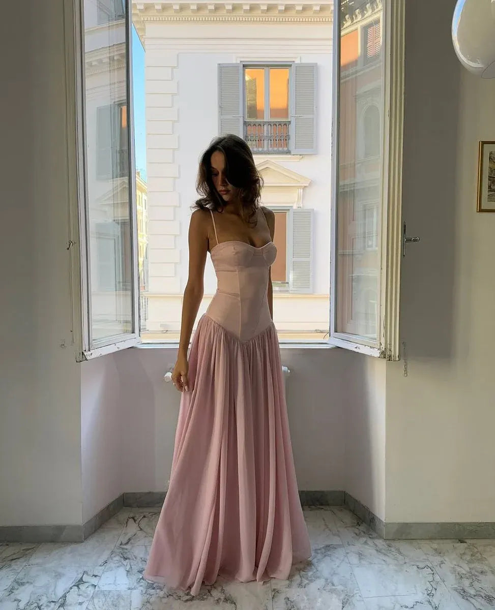 Elegant A-Line Spaghetti Straps Corset Satin Chiffon Blush Long Prom Dress Hot Sale