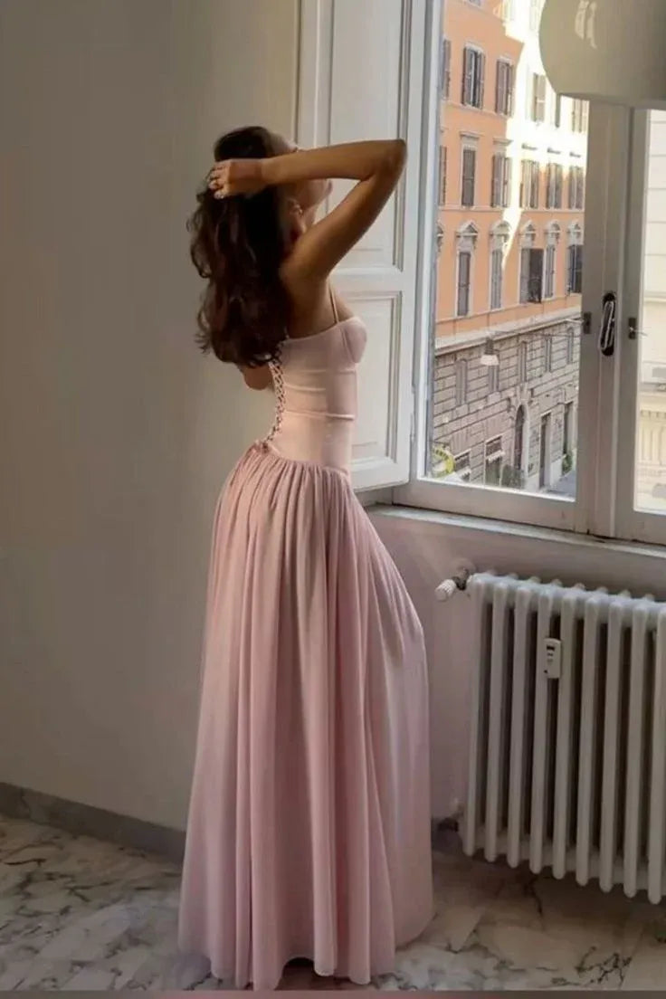 Elegant A-Line Spaghetti Straps Corset Satin Chiffon Blush Long Prom Dress Hot Sale