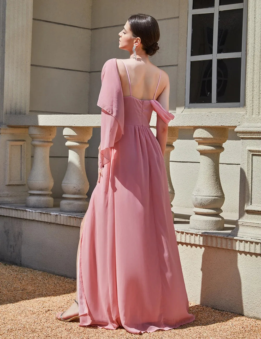 Elegant A-Line Spaghetti Straps Draped Slit Dusty Pink Floor-Length Prom Dress