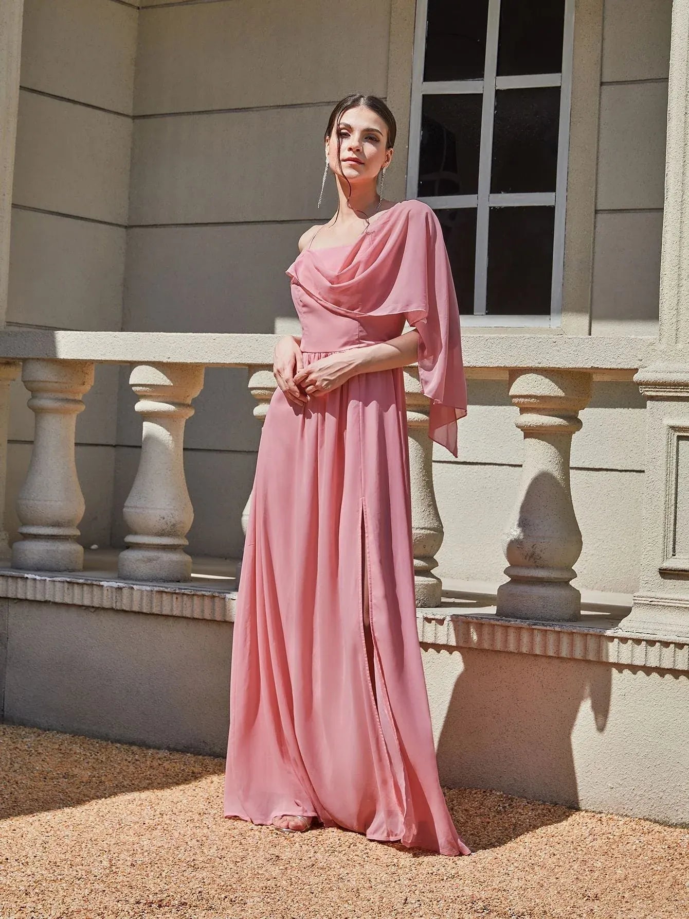 Elegant A-Line Spaghetti Straps Draped Slit Dusty Pink Floor-Length Prom Dress