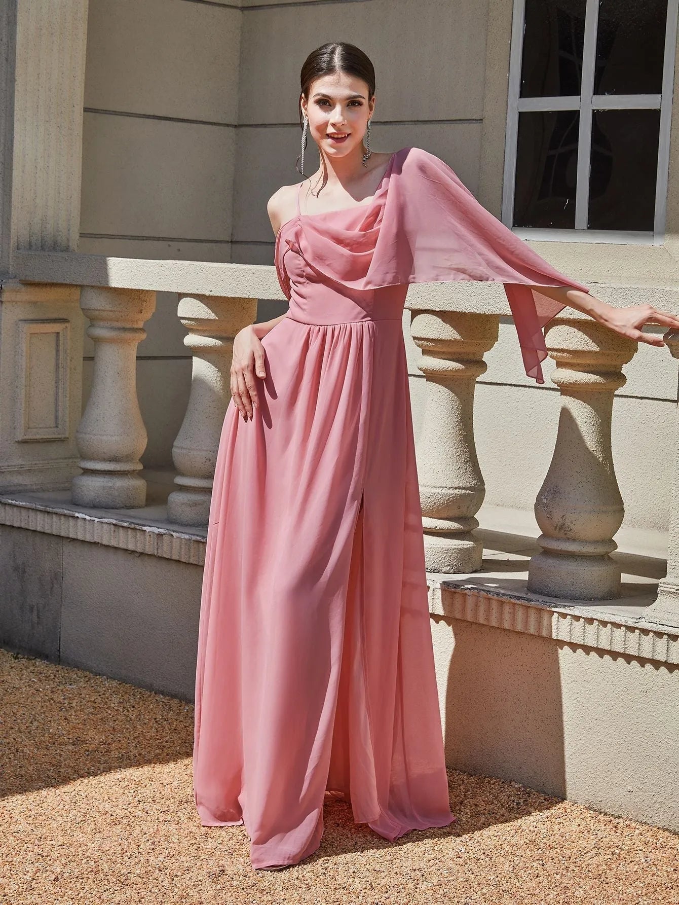 Elegant A-Line Spaghetti Straps Draped Slit Dusty Pink Floor-Length Prom Dress