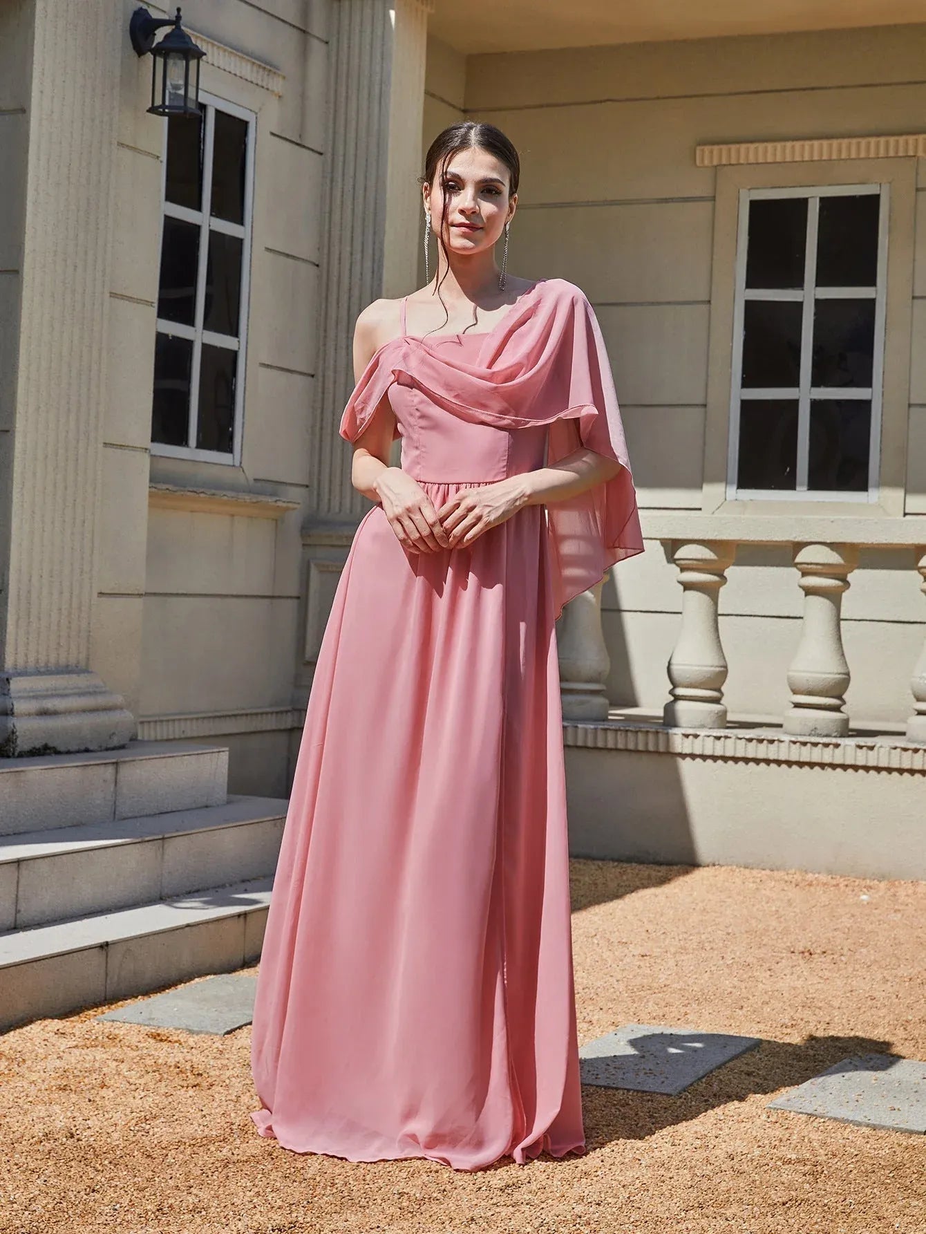 Elegant A-Line Spaghetti Straps Draped Slit Dusty Pink Floor-Length Prom Dress
