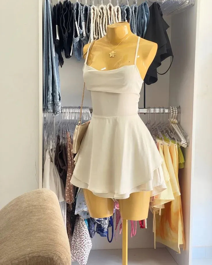 Elegant A-Line Spaghetti Straps Ruffled Lace-Up Beige Mini Homecoming Dress
