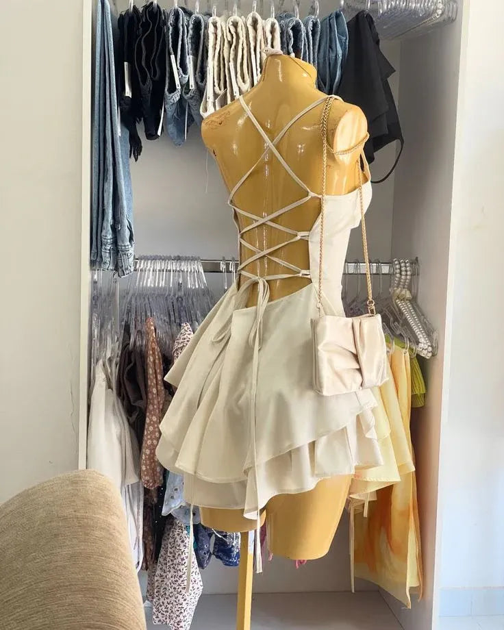 Elegant A-Line Spaghetti Straps Ruffled Lace-Up Beige Mini Homecoming Dress