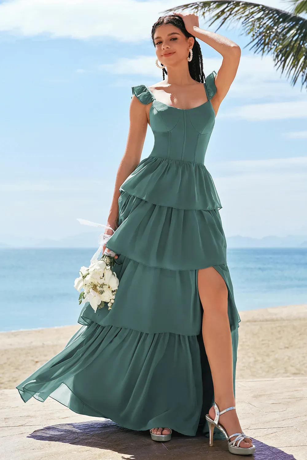 Elegant A-Line Spaghetti Straps Tiered Ruffle Corset Chiffon Sage Prom Dress With Slit