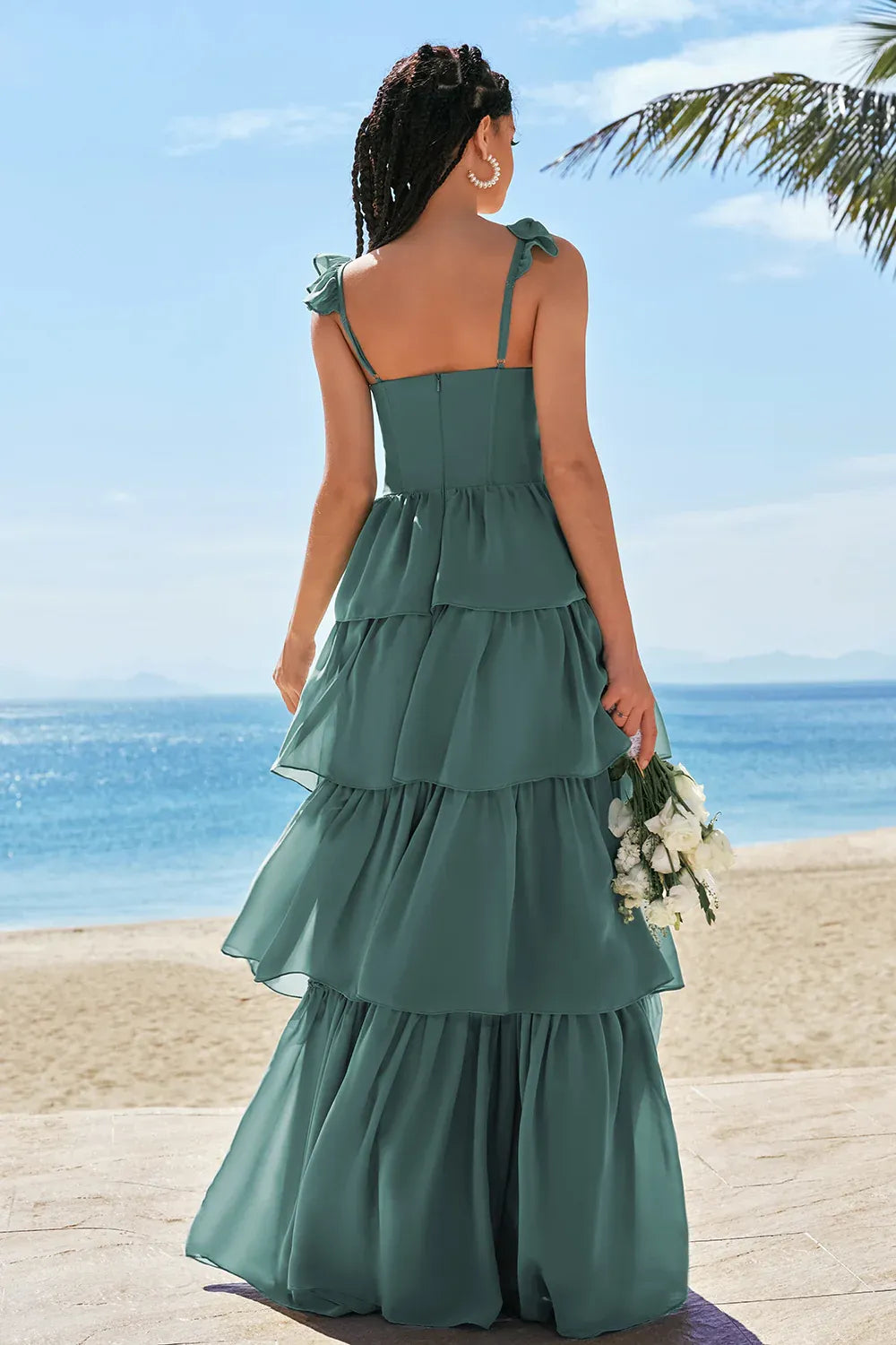 Elegant A-Line Spaghetti Straps Tiered Ruffle Corset Chiffon Sage Prom Dress With Slit