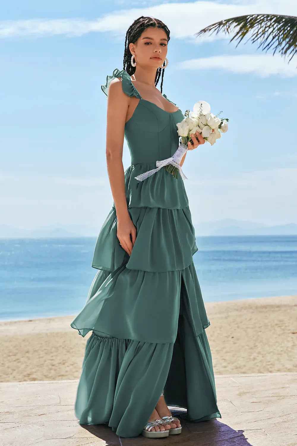 Elegant A-Line Spaghetti Straps Tiered Ruffle Corset Chiffon Sage Prom Dress With Slit