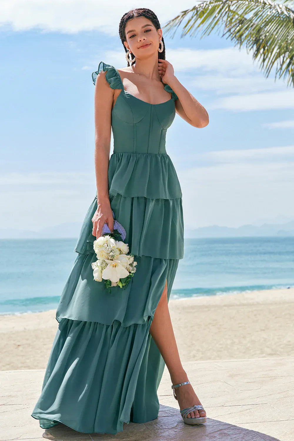 Elegant A-Line Spaghetti Straps Tiered Ruffle Corset Chiffon Sage Prom Dress With Slit